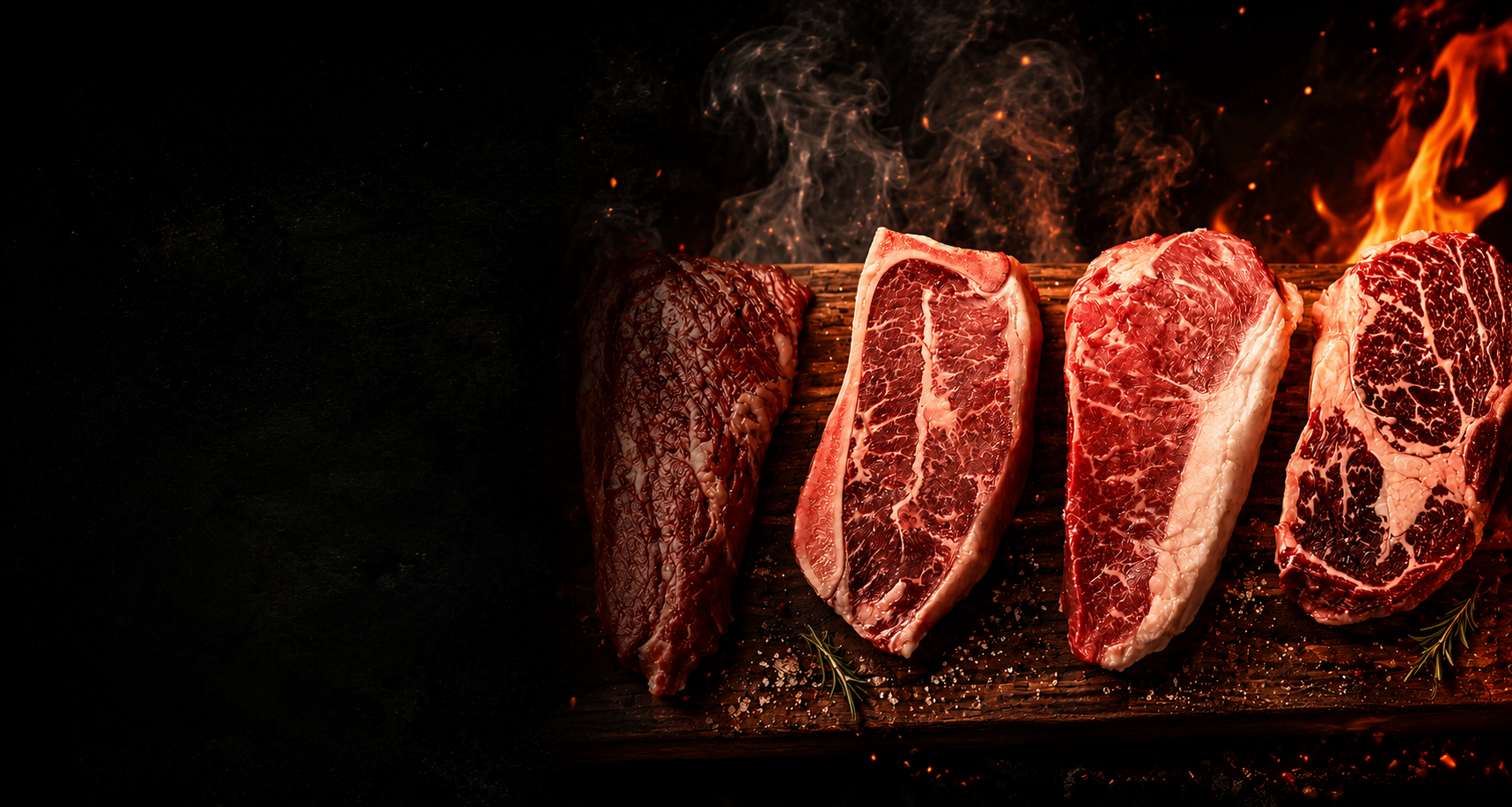 Cortes premium a la parrilla con humo y fuego